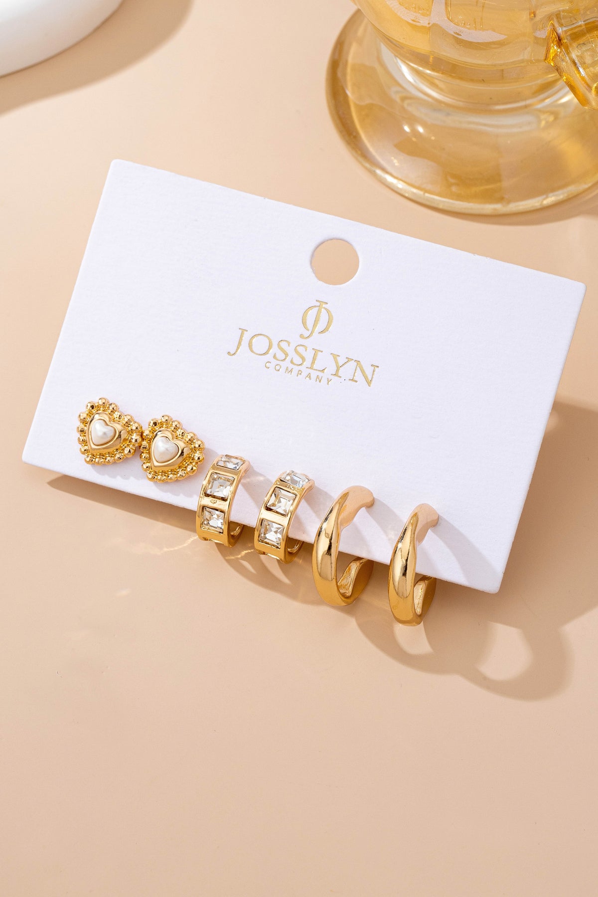 PEARL HEART & RHINESTONE TRIO EARRINGS