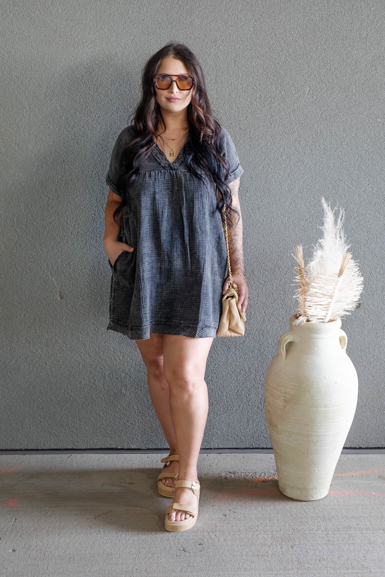 ARIANE DOUBLE GAUZE SHIRT DRESS (ASH BLACK)