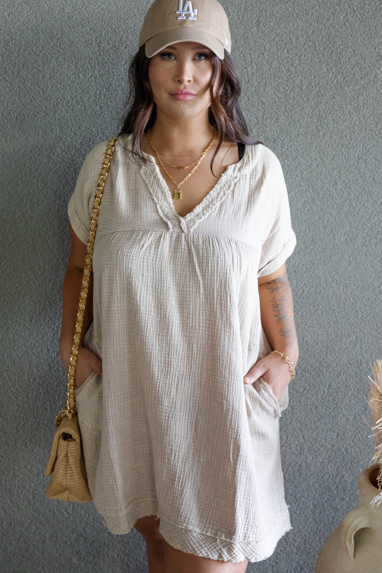 ARIANE DOUBLE GAUZE SHIRT DRESS (SAND BEIGE)