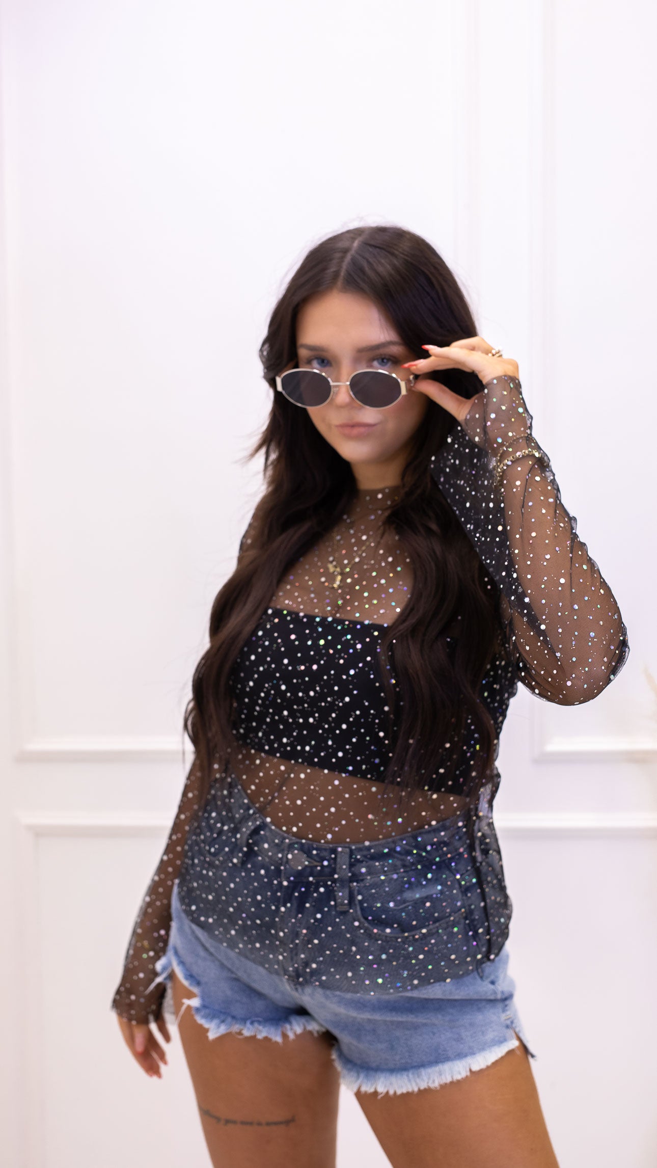 TAYLA MESH SPARKLY TOP & BRA(BLACK)