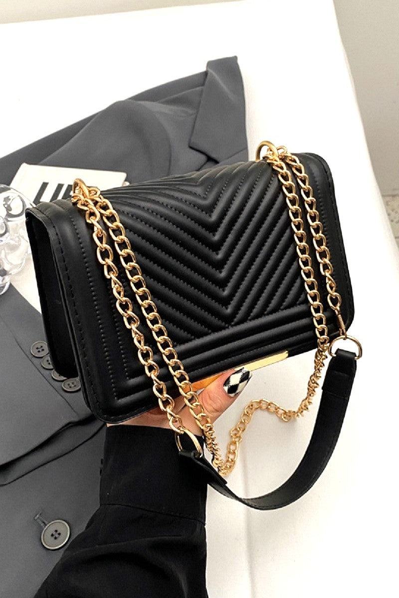 NEW VEGAN LEATHER CHEVRON CROSSBODY SHOULDER BAG (BLACK)