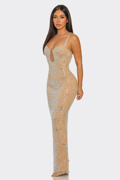 RHINESTONE EMBELLISHED CHAIN LIKE DRESS (BANJUL) NUDE