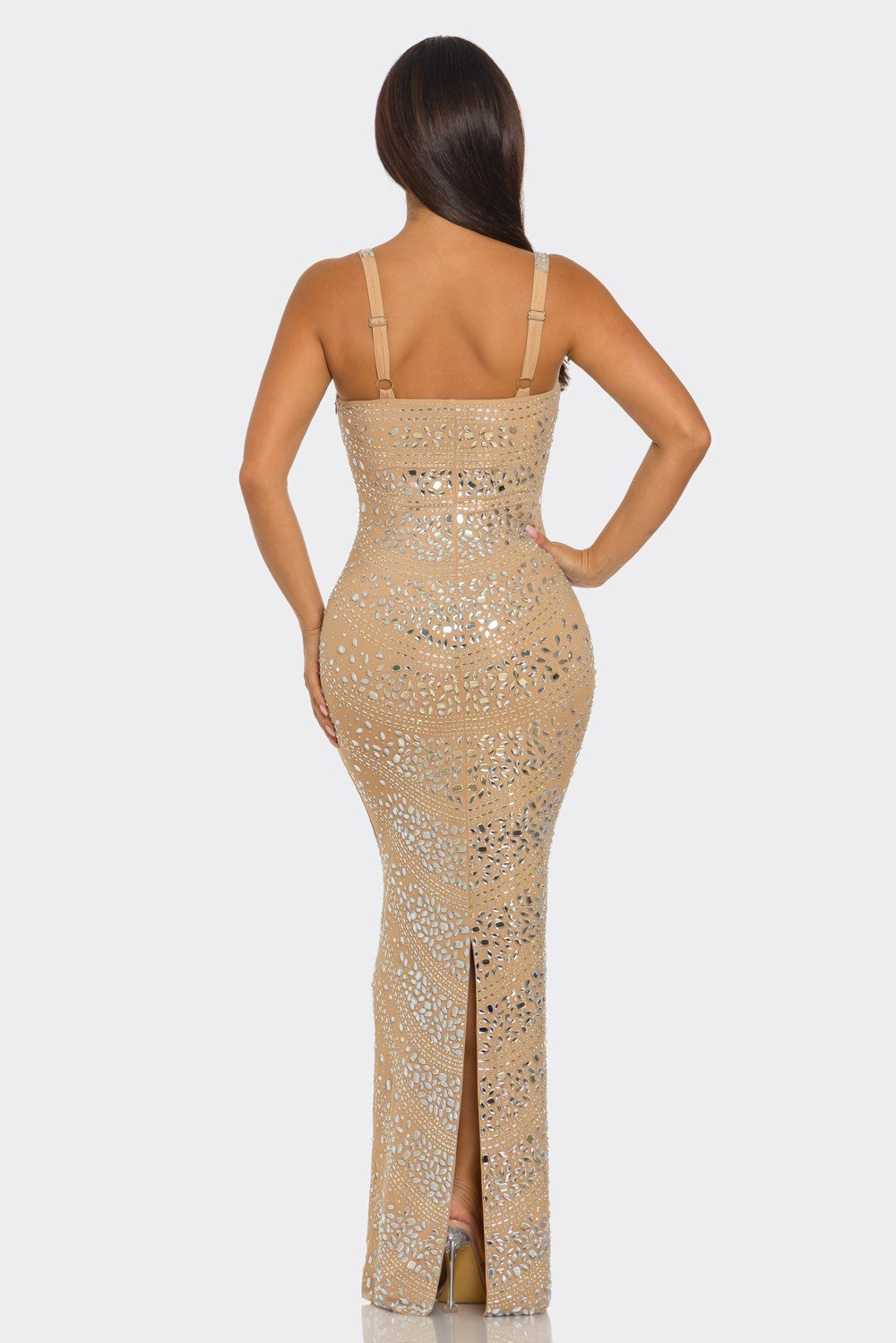 RHINESTONE EMBELLISHED CHAIN LIKE DRESS (BANJUL) NUDE