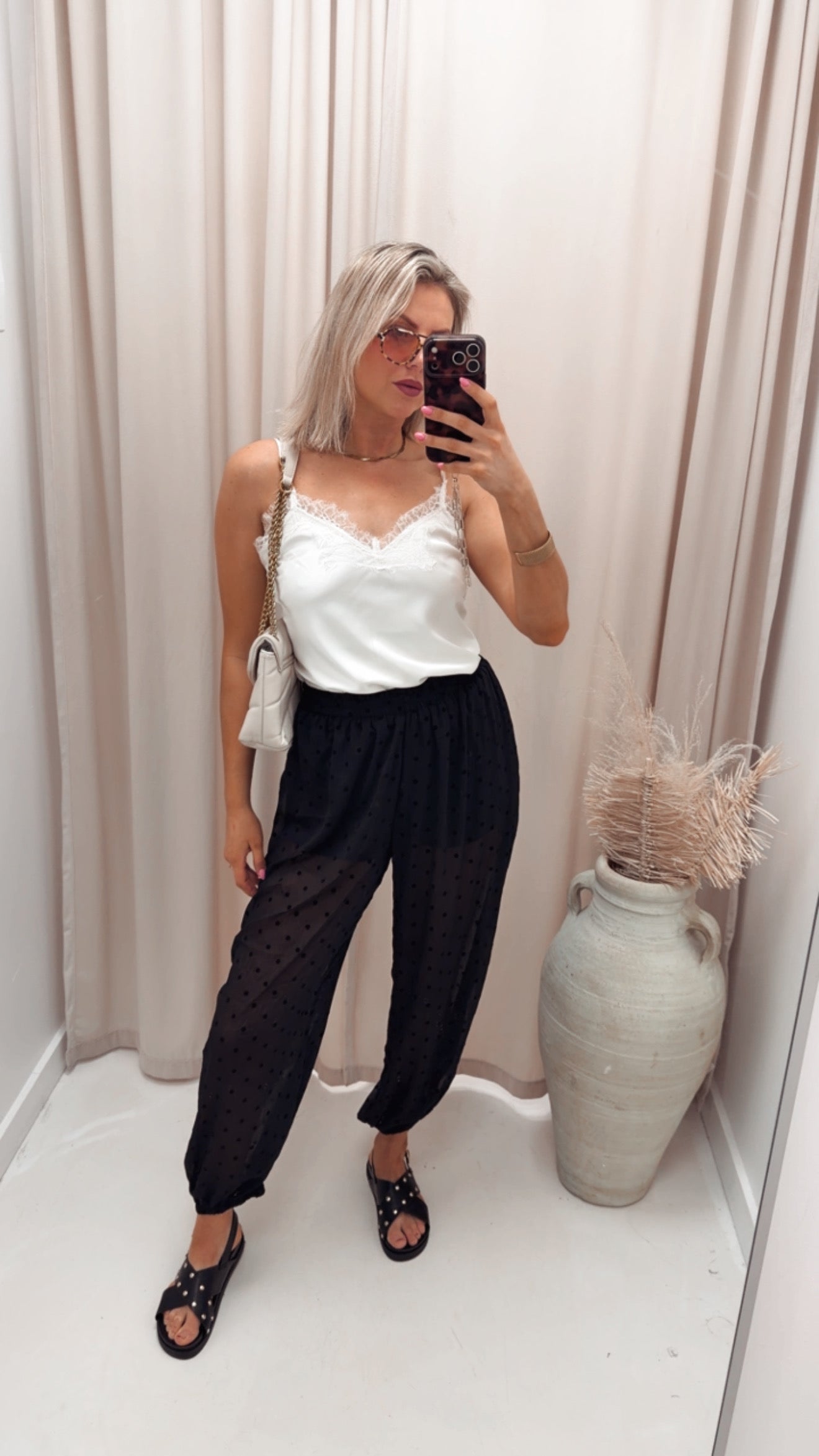 FLOCKED POLKA DOT HAREM PANTS