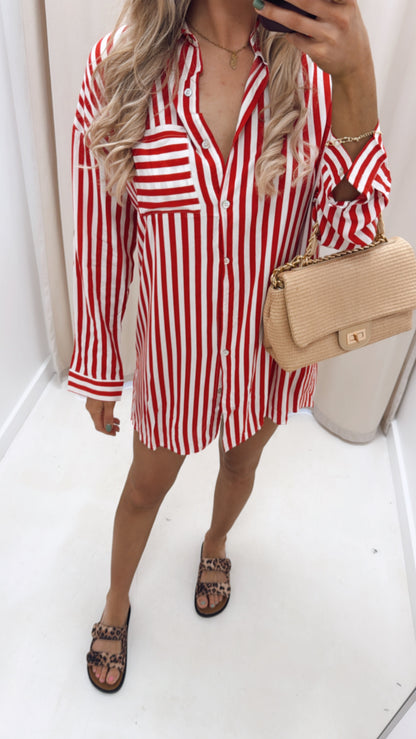POPPY STRIPED SHIRT DRESS (RED)