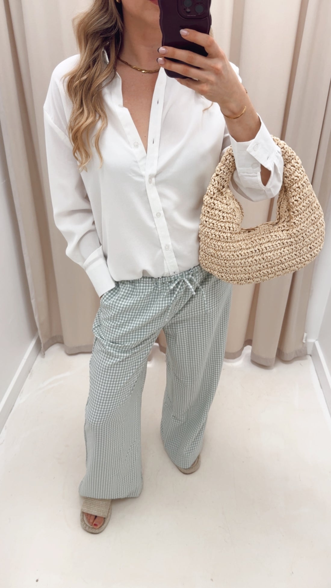 GINGHAM WIDE LEG DRAW-WAIST PANT | SAGE