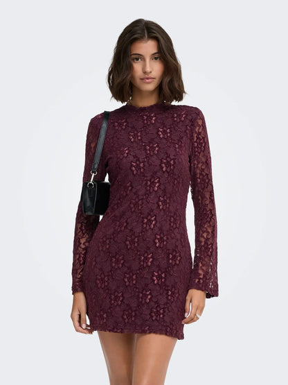 NOLA L/S LACE VELVET DRESS (BURGUNDY) | ONLY
