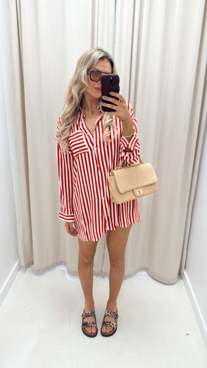 POPPY STRIPED SHIRT DRESS (RED)