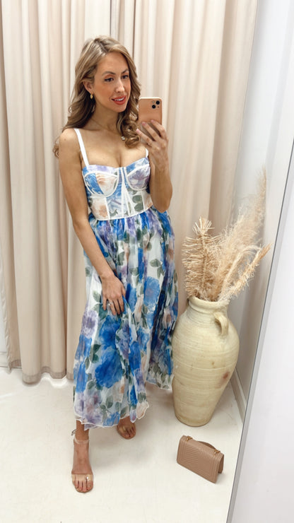 DAPHNE BUSTIER ORGANZA MIDI DRESS (FLORAL) (HOT RESTOCK)