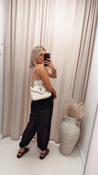 FLOCKED POLKA DOT HAREM PANTS
