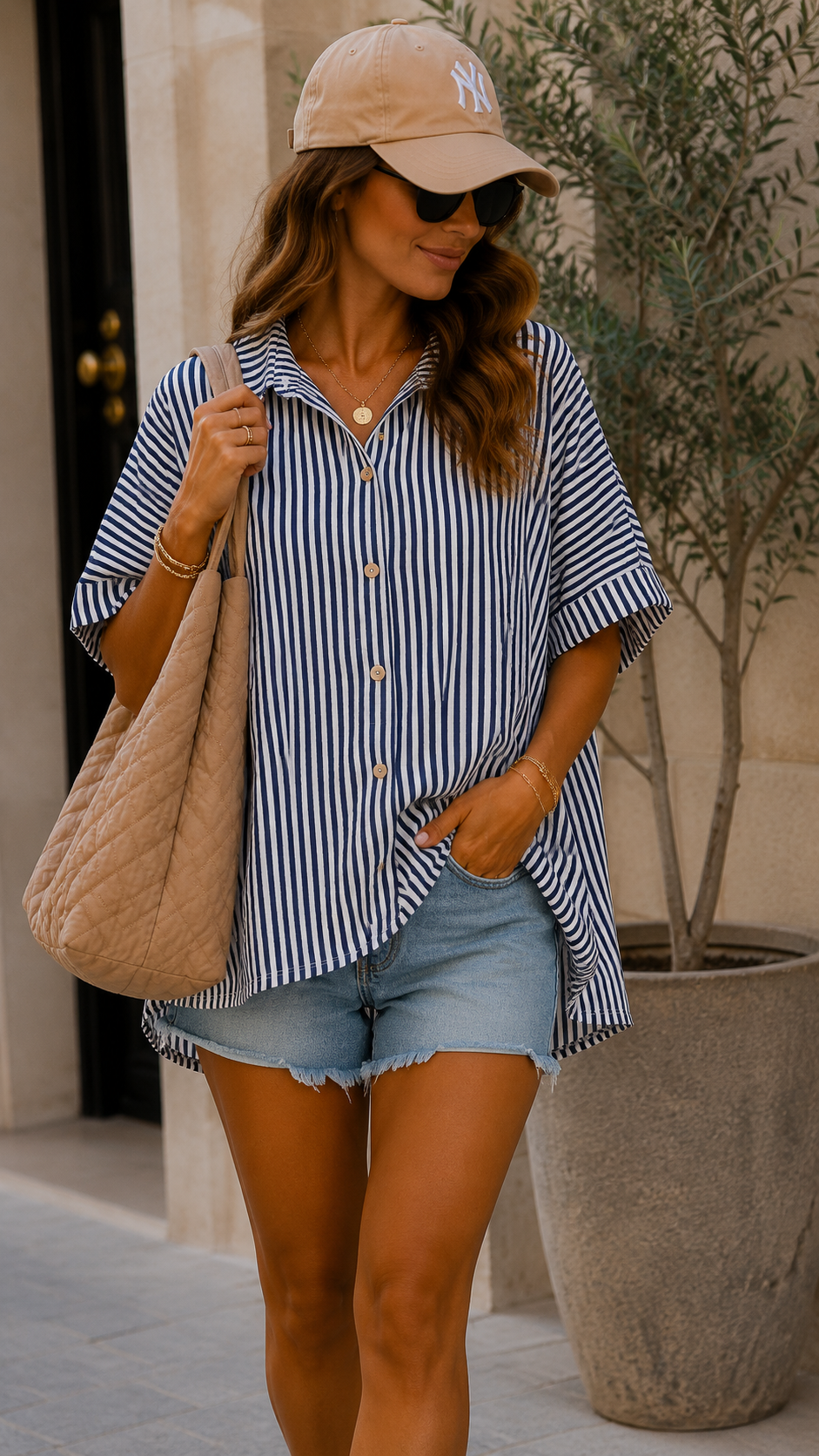 T-SHIRT STRIPED BUTTON UP TOP (NAVY)