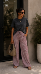 STRIPED WIDE LEG PANTS | DARK RED