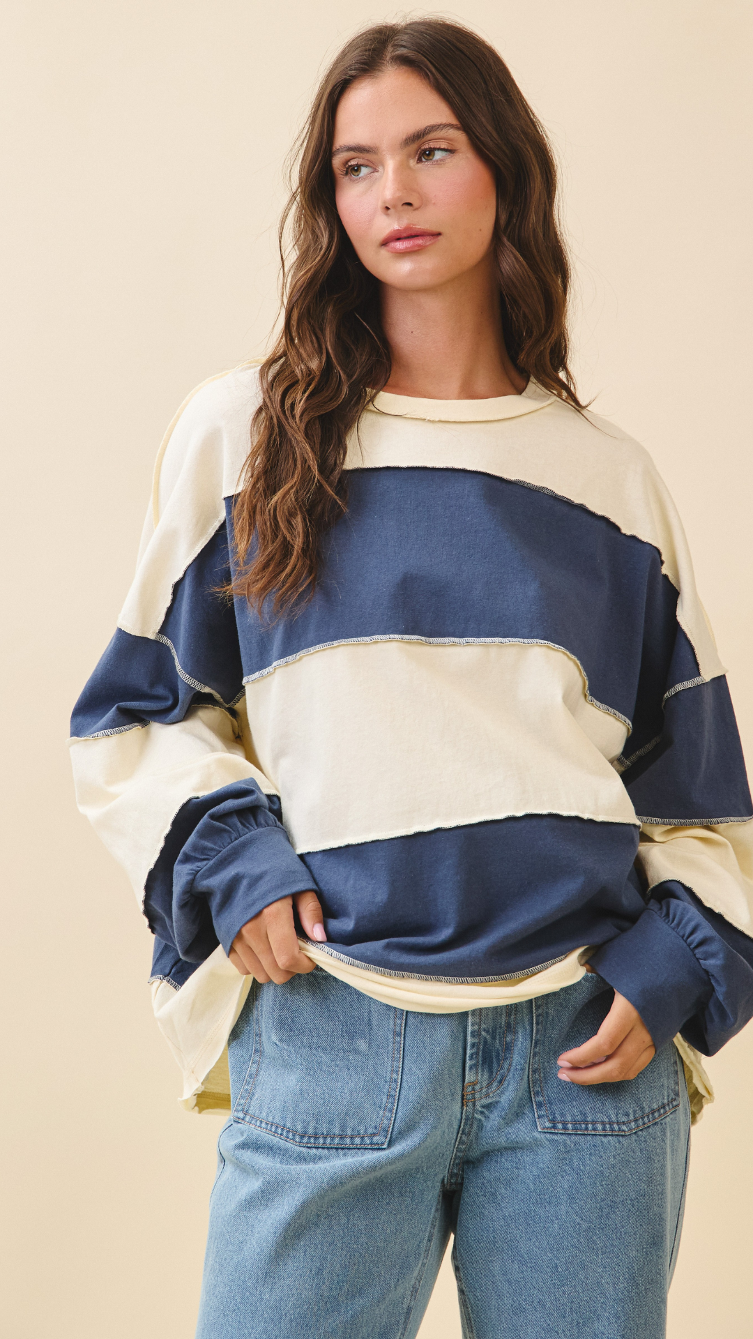 CONTRAST PANEL LONG SLEEVE SLOUCHY PULLOVER