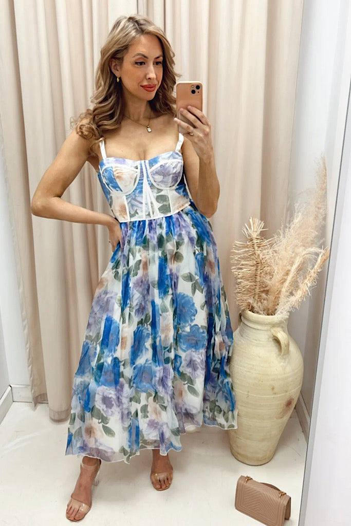 DAPHNE BUSTIER ORGANZA MIDI DRESS (FLORAL) (HOT RESTOCK)