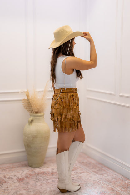 NEW NEVE FRINGE RHINESTONE BELTED SKIRT (BROWN)