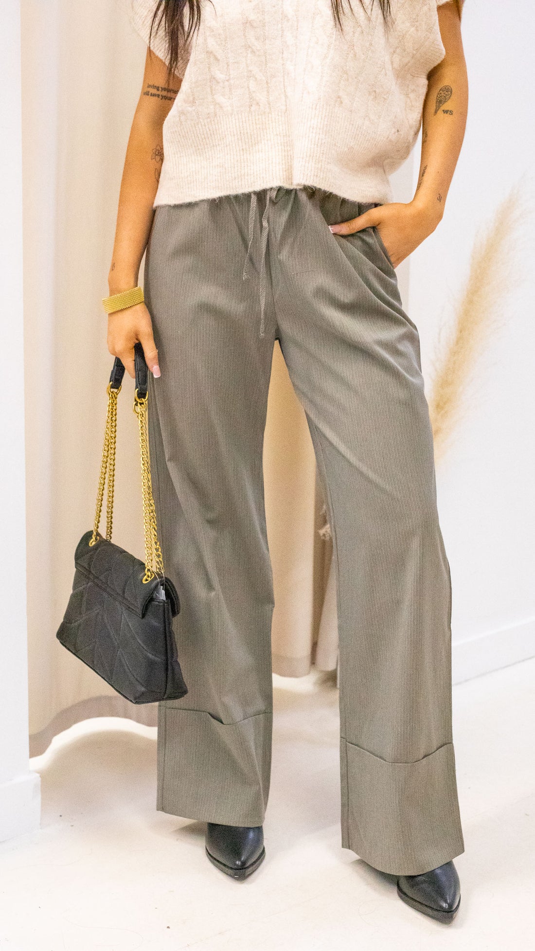 RAYA WIDE CUFF PINSTRIPE DRAWSTRING PANTS