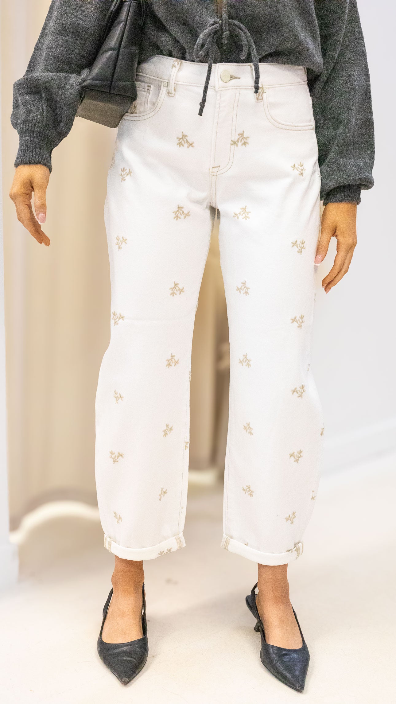 KLOE HIGH RISE LEAF EMBO DETAILED BARREL PANTS