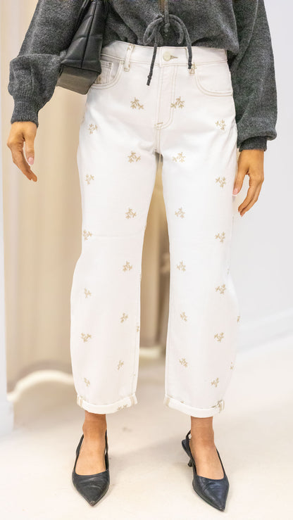 KLOE HIGH RISE LEAF EMBO DETAILED BARREL PANTS