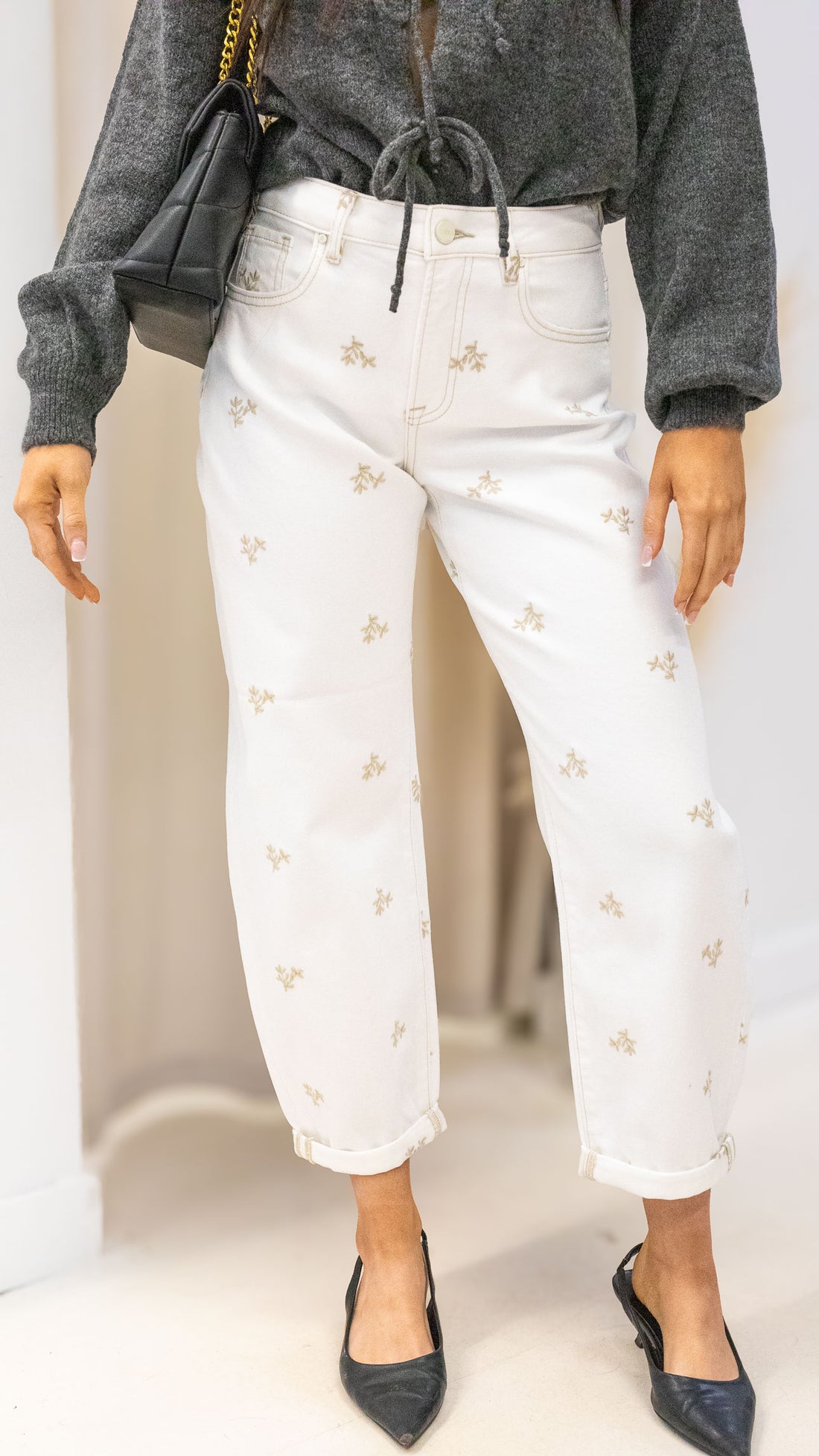 KLOE HIGH RISE LEAF EMBO DETAILED BARREL PANTS