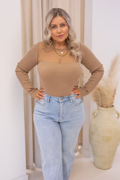 NEW SAM SHEER SWEETHEART NECKLINE LONG SLEEVE (MOCHA)