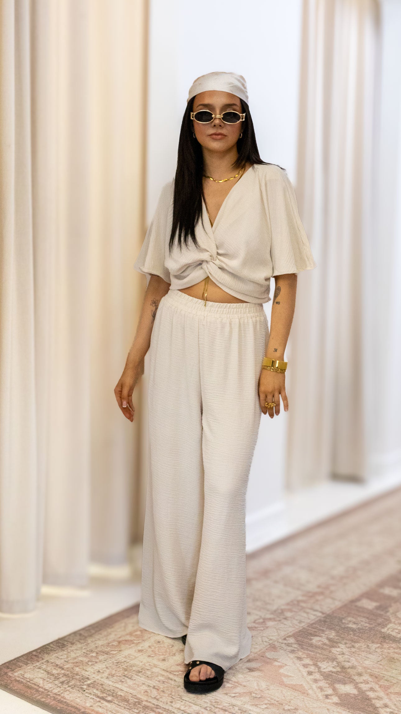 WOVEN AIRFLOW TWISTED TOP &amp; WIDE LEG PANTS SET