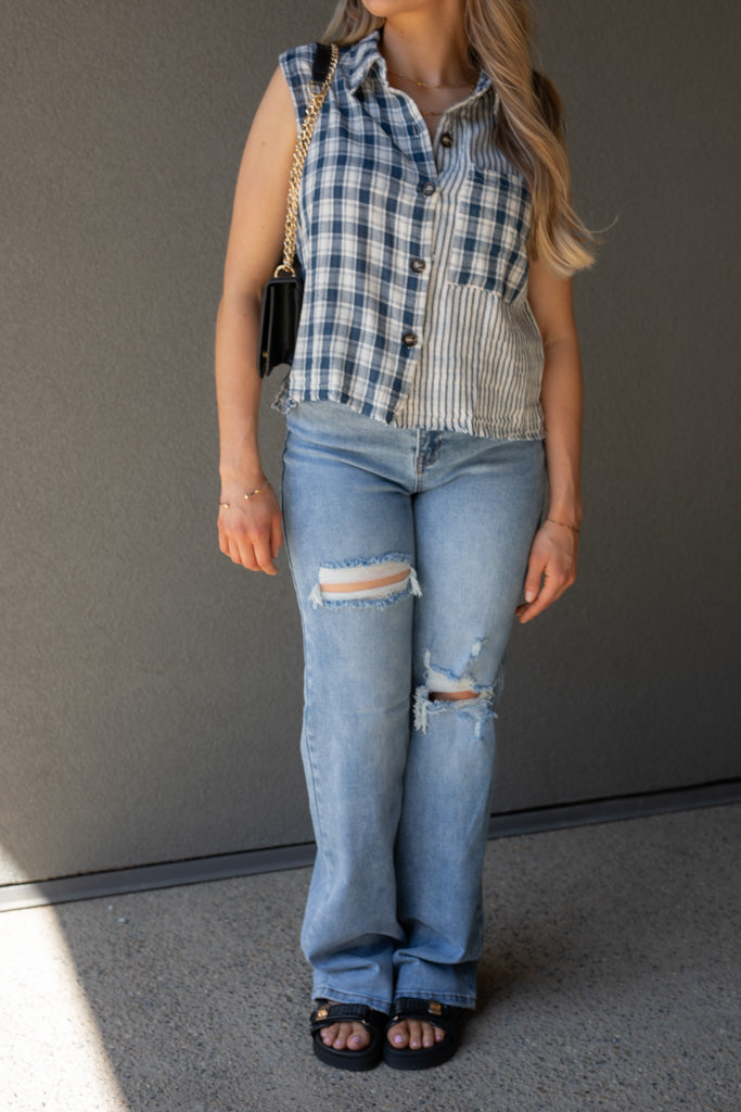 NEW RORY PLAID SLEEVELESS TOP (NAVY)