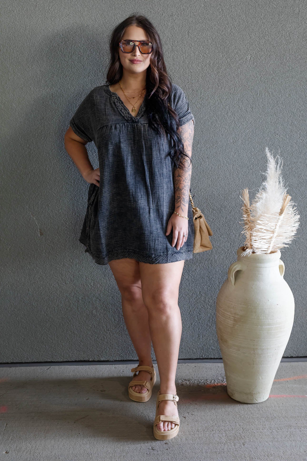 ARIANE DOUBLE GAUZE SHIRT DRESS (ASH BLACK)