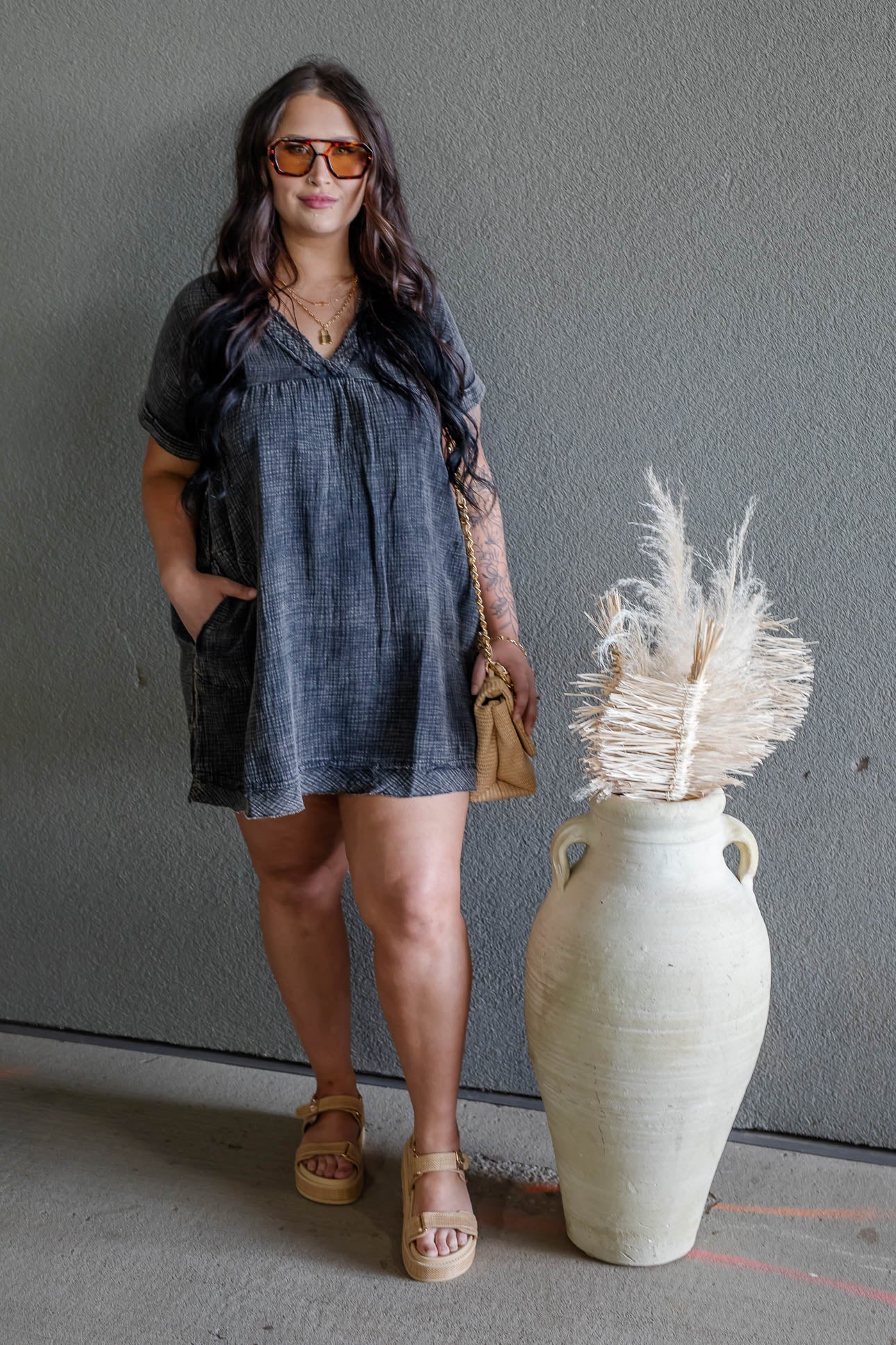 ARIANE DOUBLE GAUZE SHIRT DRESS (ASH BLACK)