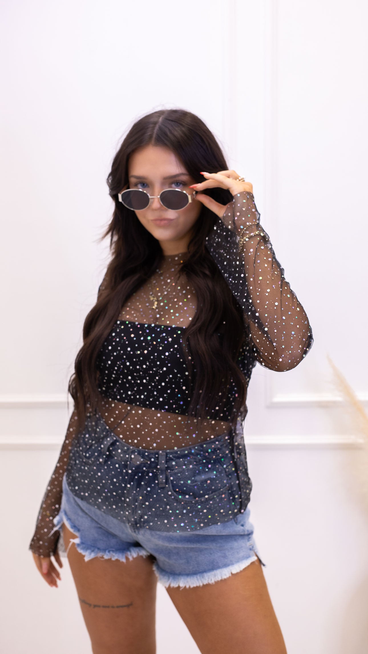 TAYLA MESH SPARKLY TOP &amp; BRA(BLACK)