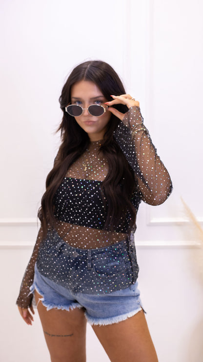 TAYLA MESH SPARKLY TOP &amp; BRA(BLACK)