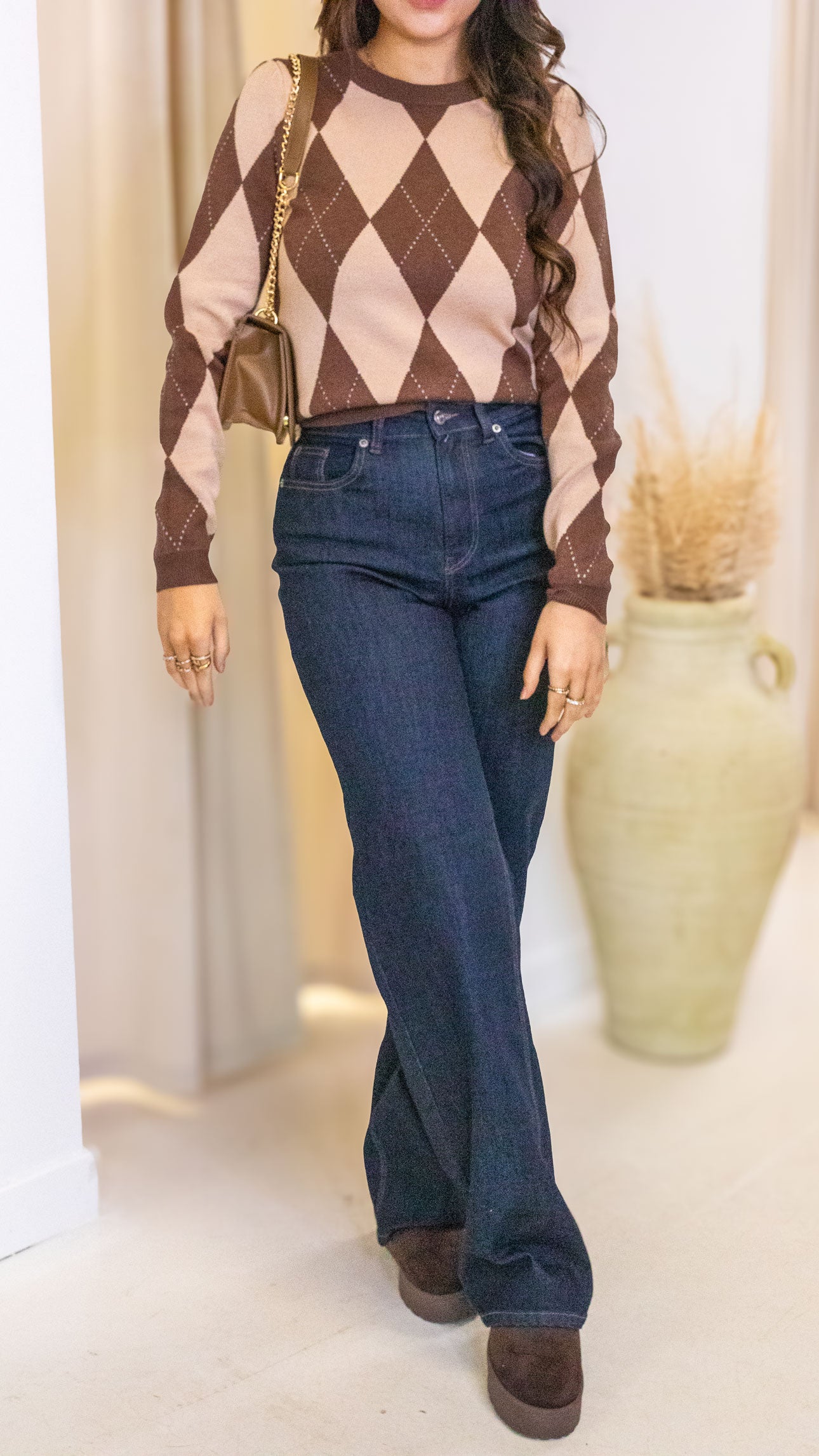 RILEY ARGYLE PATTERN SWEATER (BROWN/TAN)