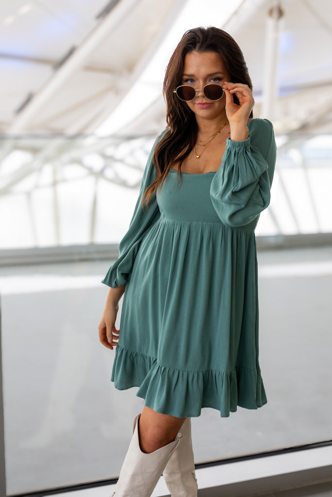 NEW TAYA BABYDOLL MINI DRESS (SAGE GREEN) | BEST SELLER
