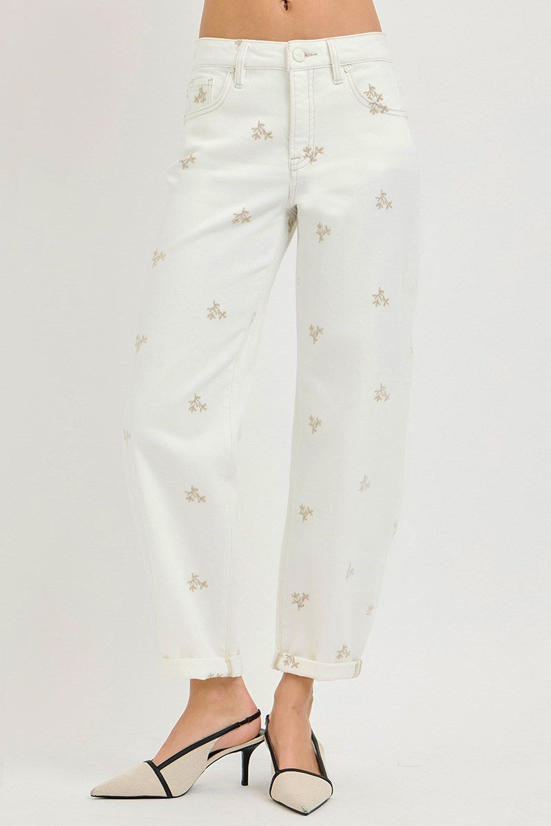 KLOE HIGH RISE LEAF EMBO DETAILED BARREL PANTS