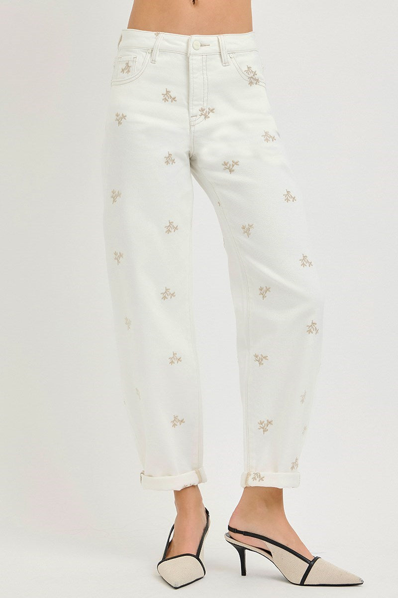 KLOE HIGH RISE LEAF EMBO DETAILED BARREL PANTS