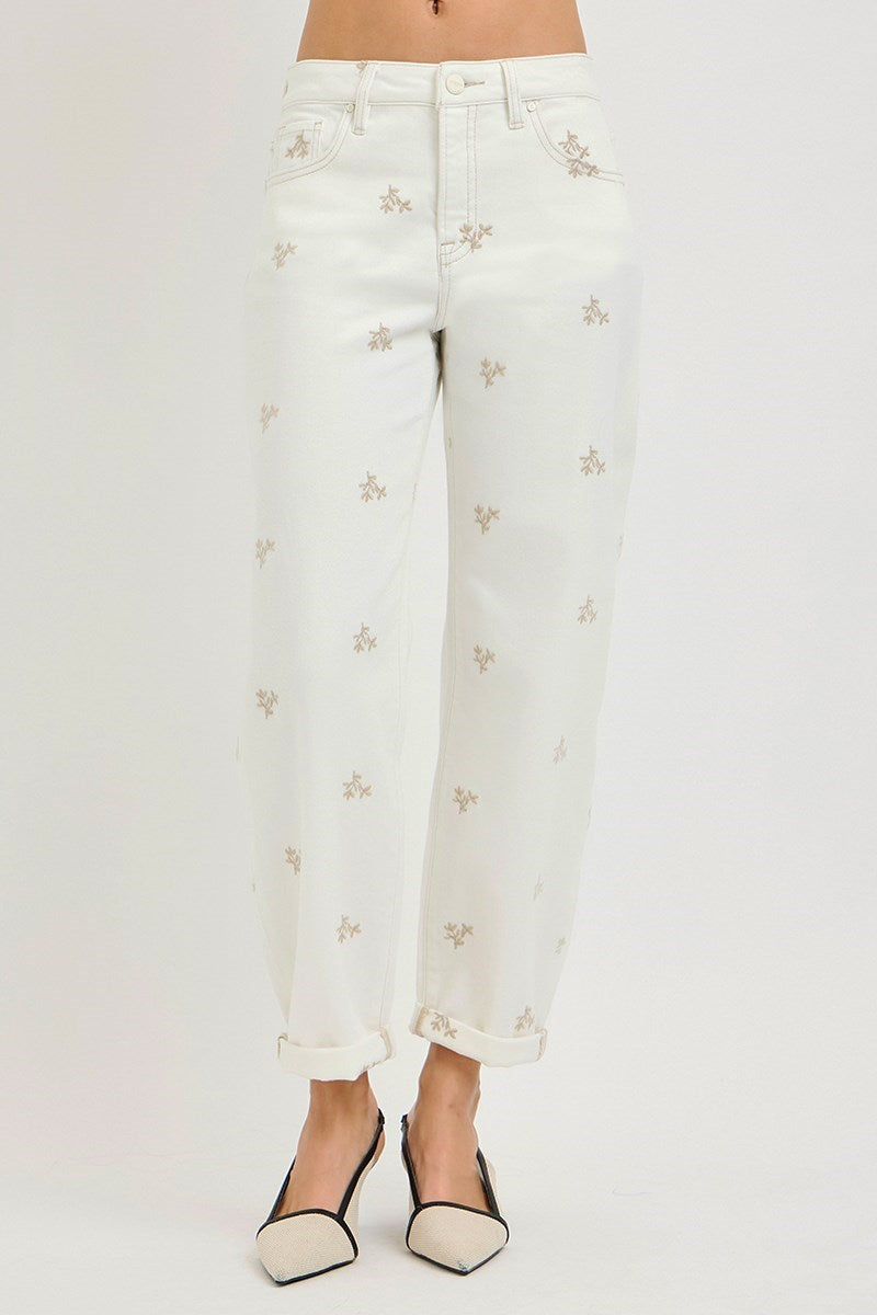 KLOE HIGH RISE LEAF EMBO DETAILED BARREL PANTS