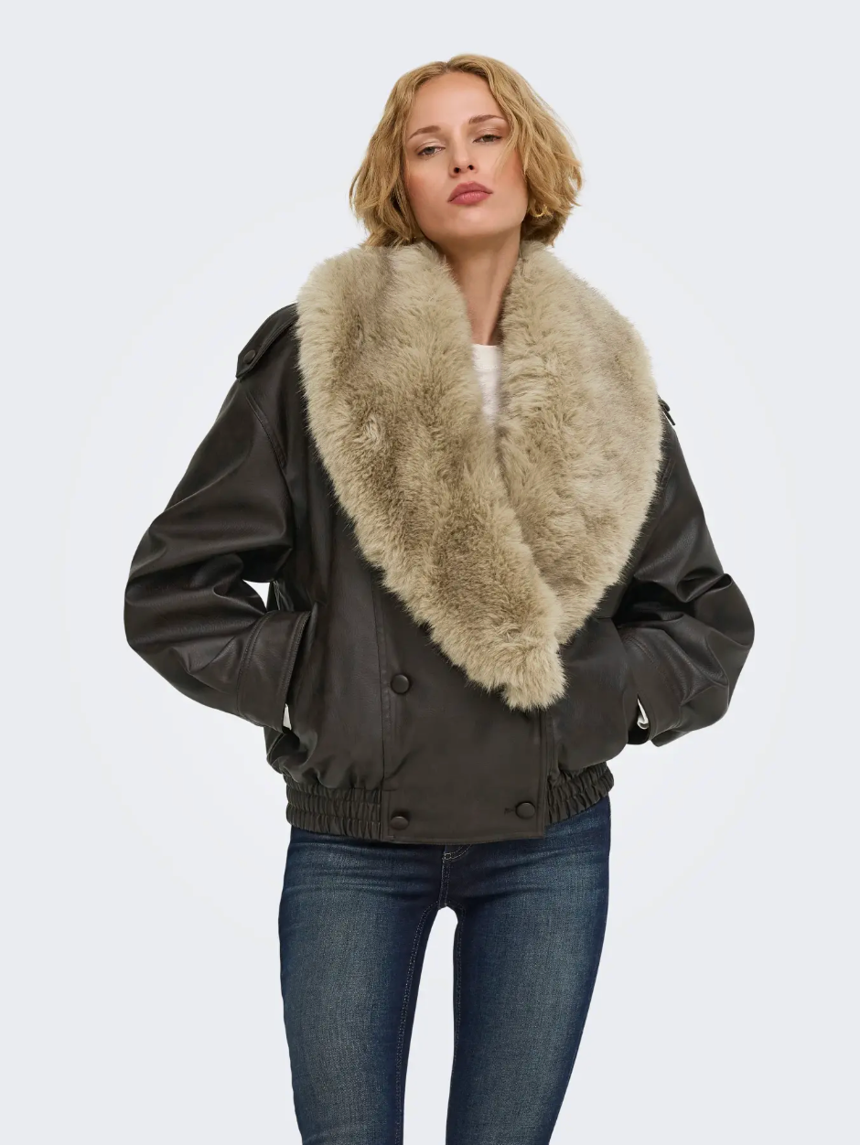 KIM MIX FAUX LEATHER FUR JACKET| COFFEE (ONLY)