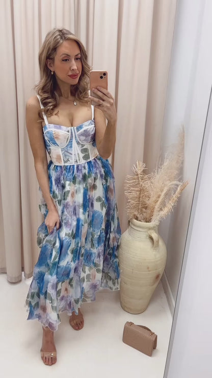 DAPHNE BUSTIER ORGANZA MIDI DRESS (FLORAL) (HOT RESTOCK)