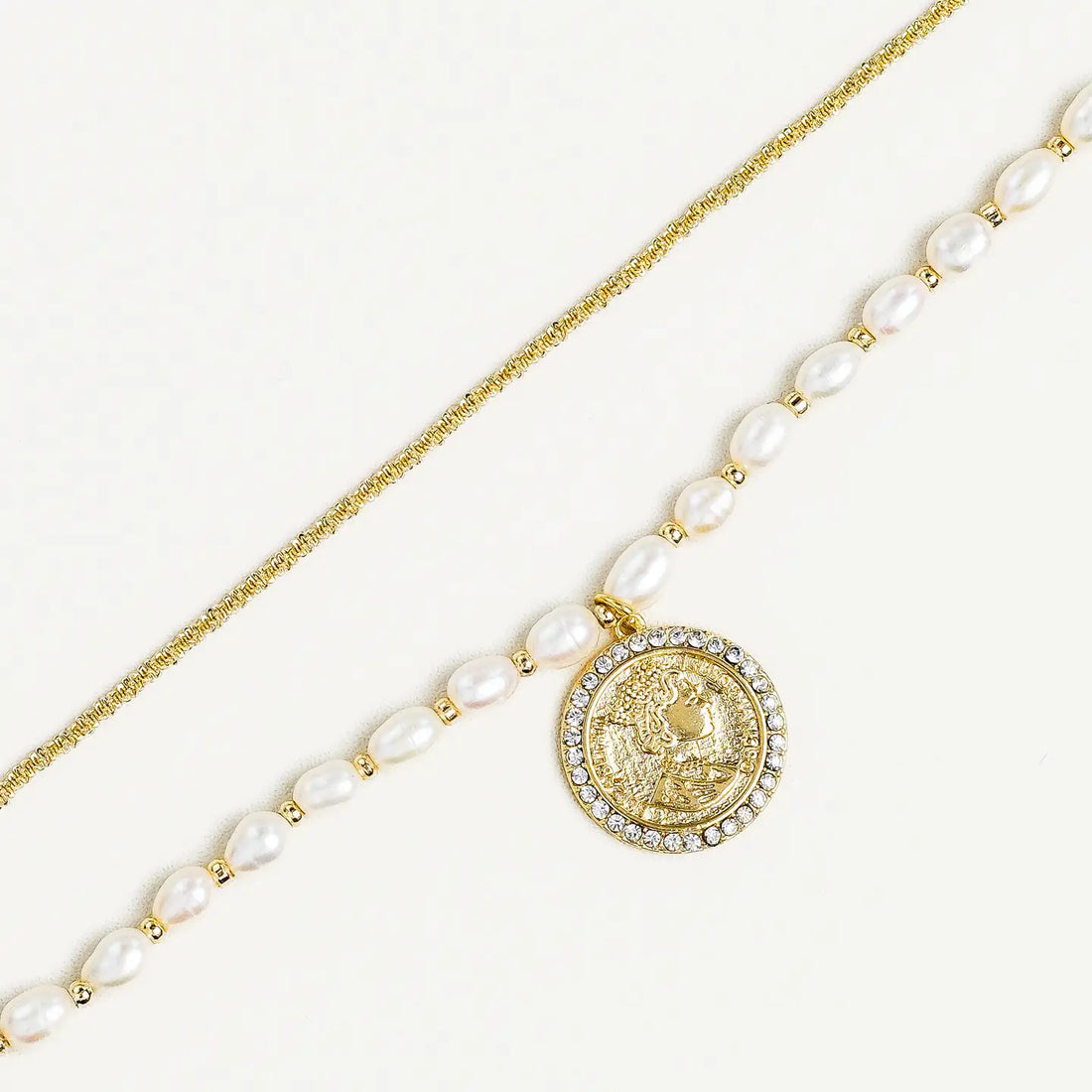 NEW 18K GOLD STACK PEARL &amp; COIN NECKLACE